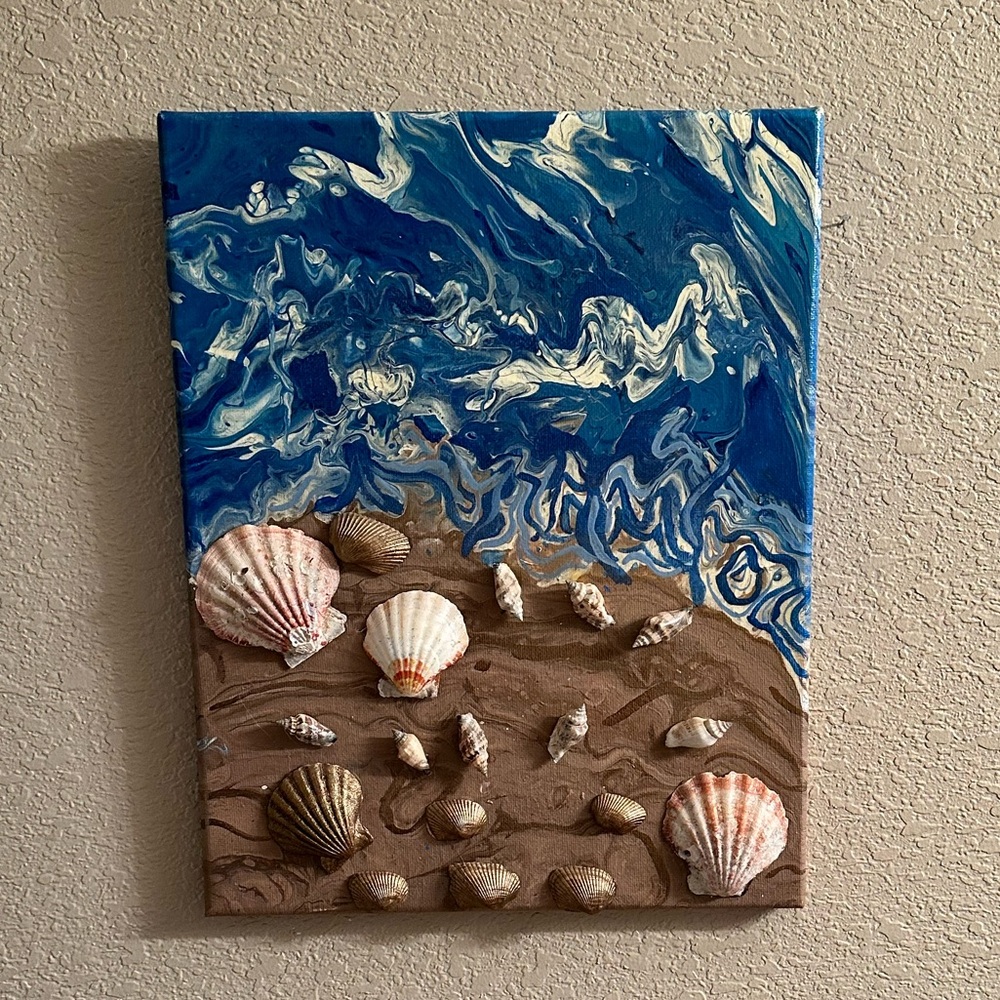 3D One of a Kind Custom Acrylic Poured Paint Wall Decor “Seashell Graveyard”